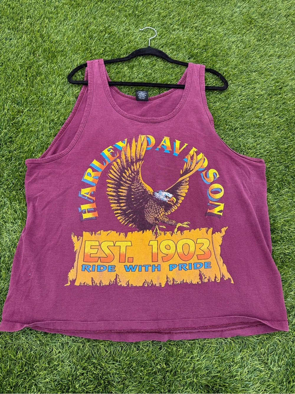 VTG Harley-Davidson Burgundy Tank Top with Yellow & Blue Graphic -XL